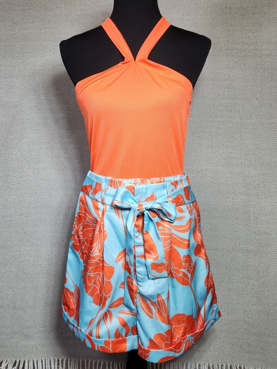 Grawell Pants - Womens Tank Top & High Waist Floral Tie Shorts in Coral & Sky Blue Size L